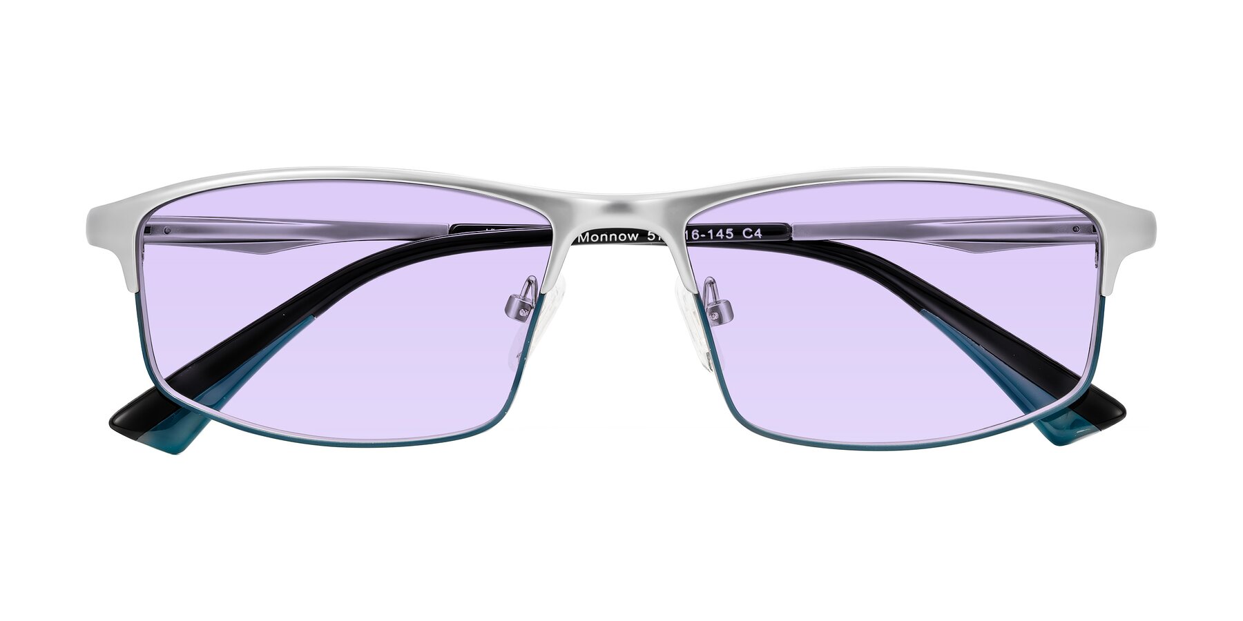 Folded Front of Monnow in Silver/Peacock Blue with Light Purple Tinted Lenses
