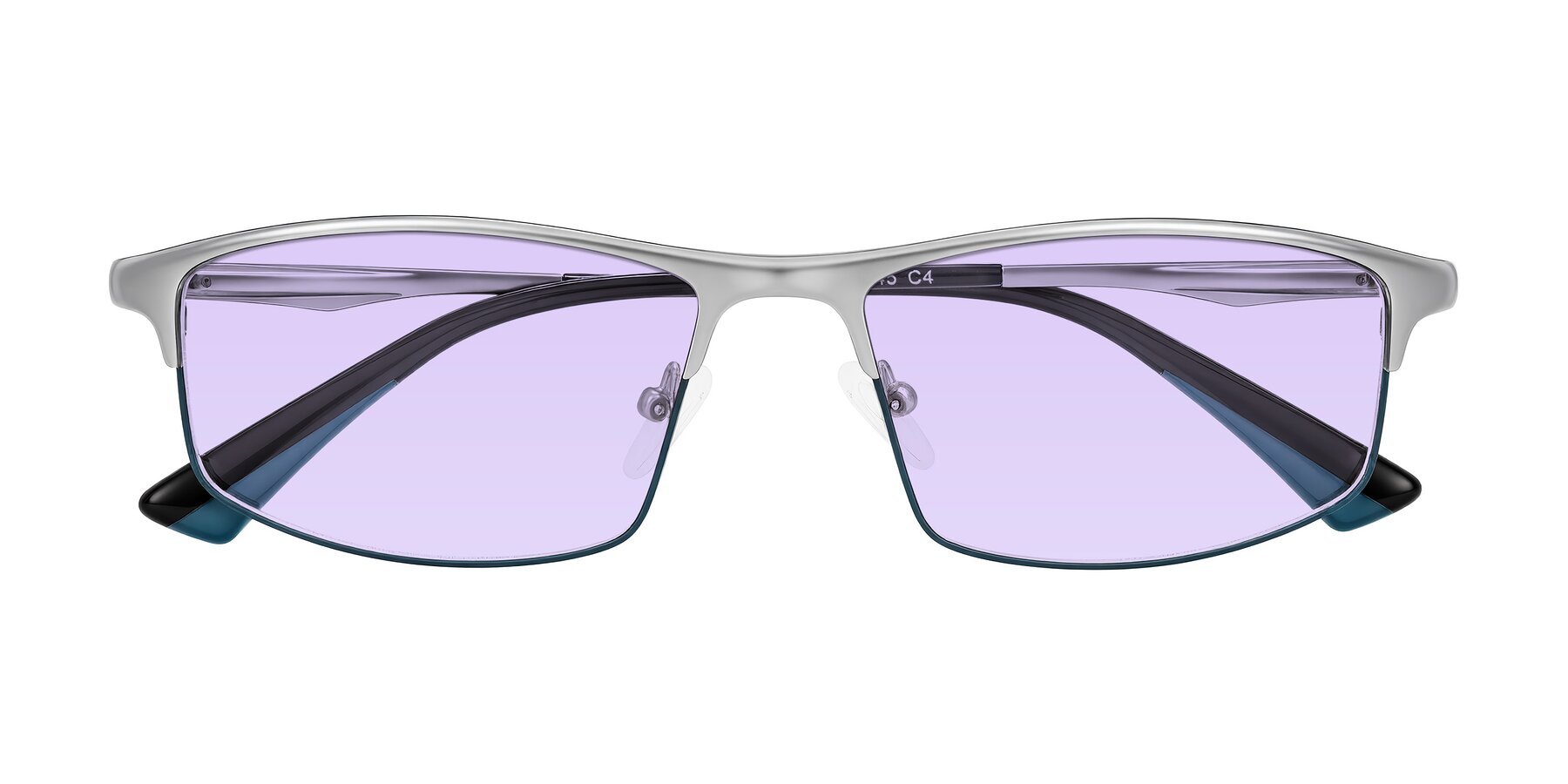 Folded Front of Monnow in Silver/Peacock Blue with Light Purple Tinted Lenses