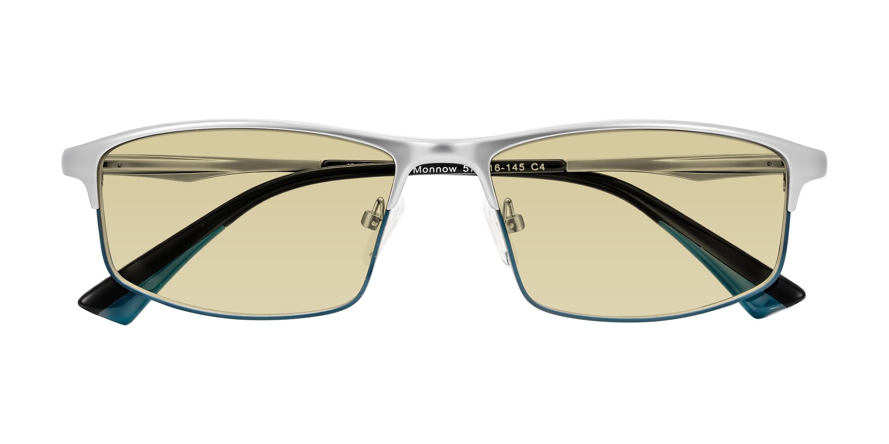 Folded Front of Monnow in Silver/Peacock Blue with Light Champagne Tinted Lenses