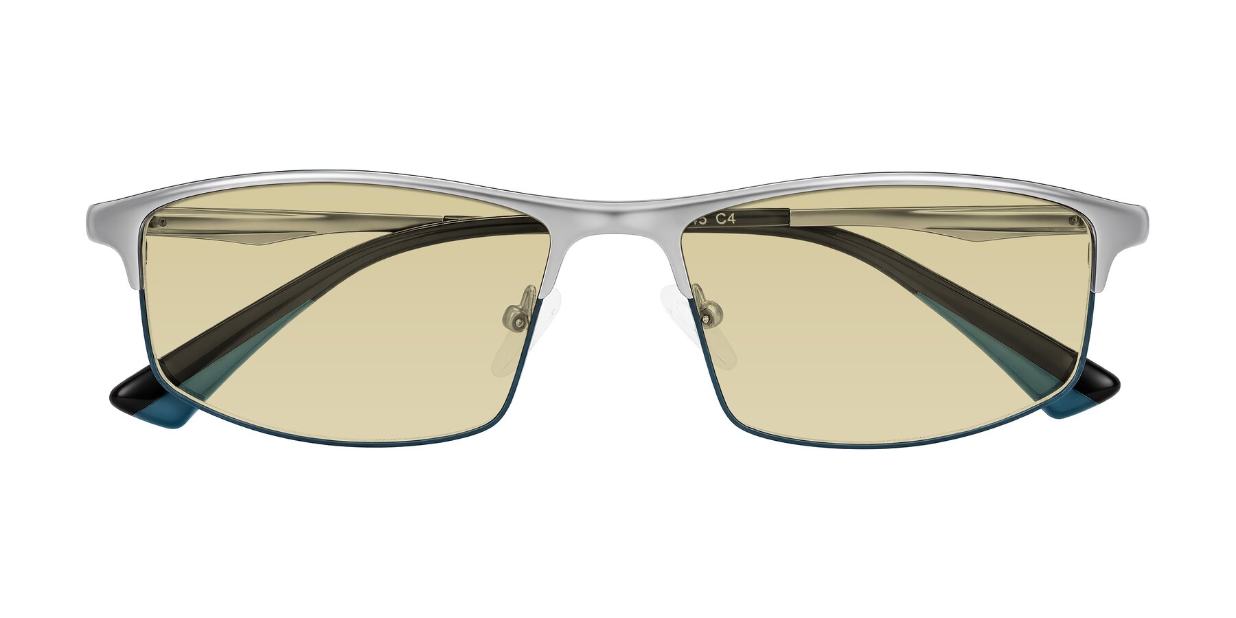 Folded Front of Monnow in Silver/Peacock Blue with Light Champagne Tinted Lenses