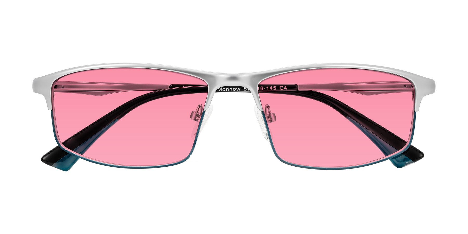 Folded Front of Monnow in Silver/Peacock Blue with Pink Tinted Lenses