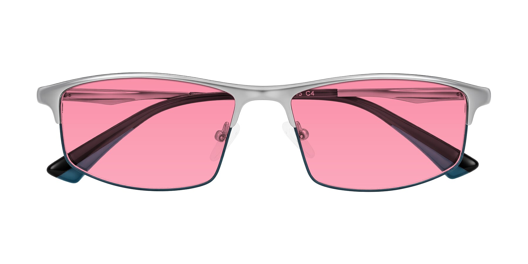 Folded Front of Monnow in Silver/Peacock Blue with Pink Tinted Lenses