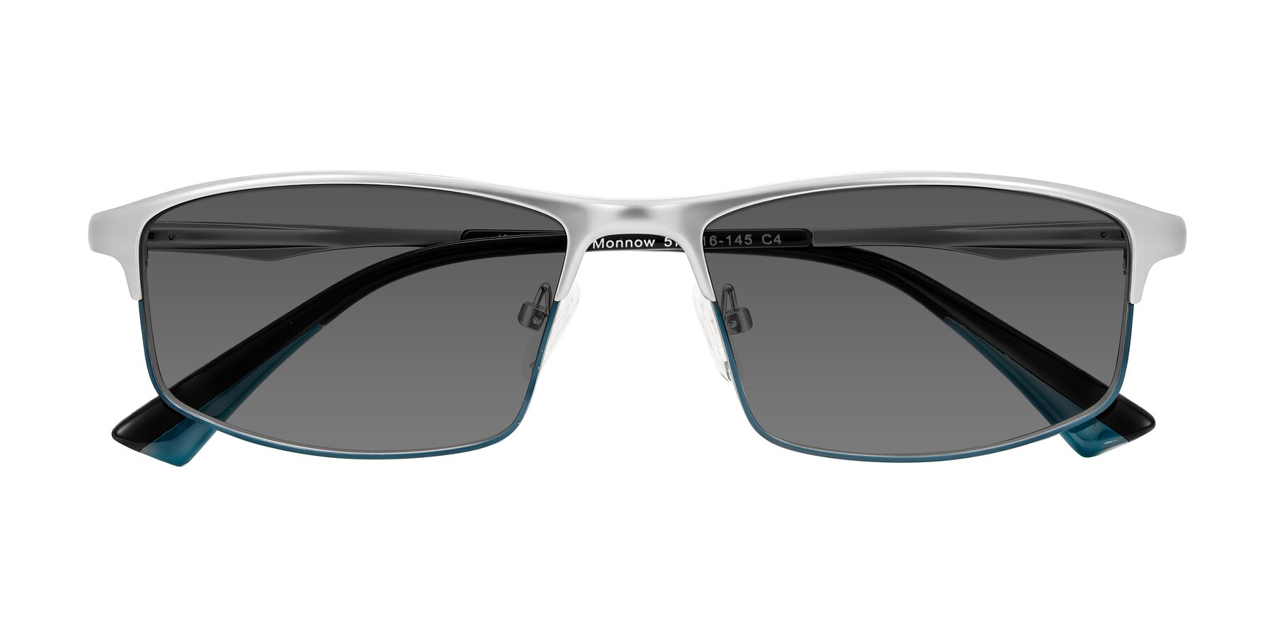 Folded Front of Monnow in Silver/Peacock Blue with Medium Gray Tinted Lenses