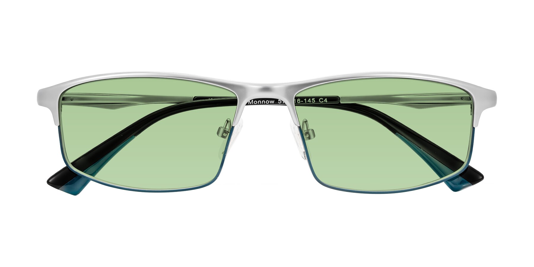 Folded Front of Monnow in Silver/Peacock Blue with Medium Green Tinted Lenses