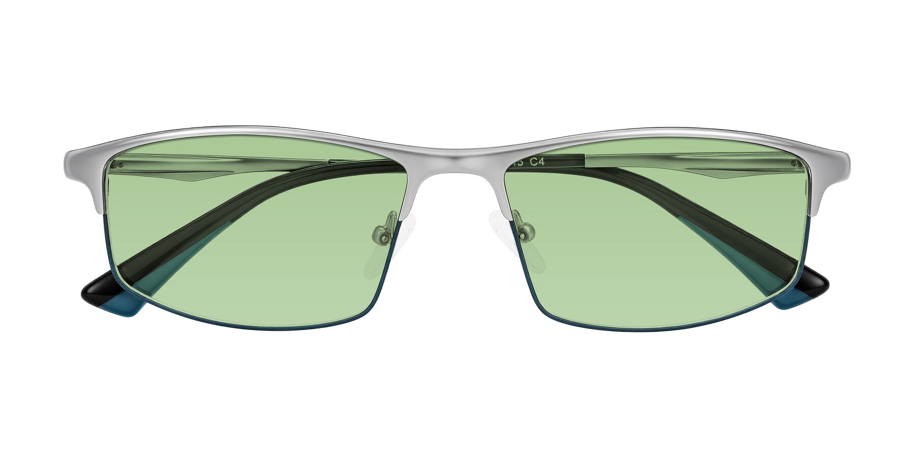 Folded Front of Monnow in Silver/Peacock Blue with Medium Green Tinted Lenses