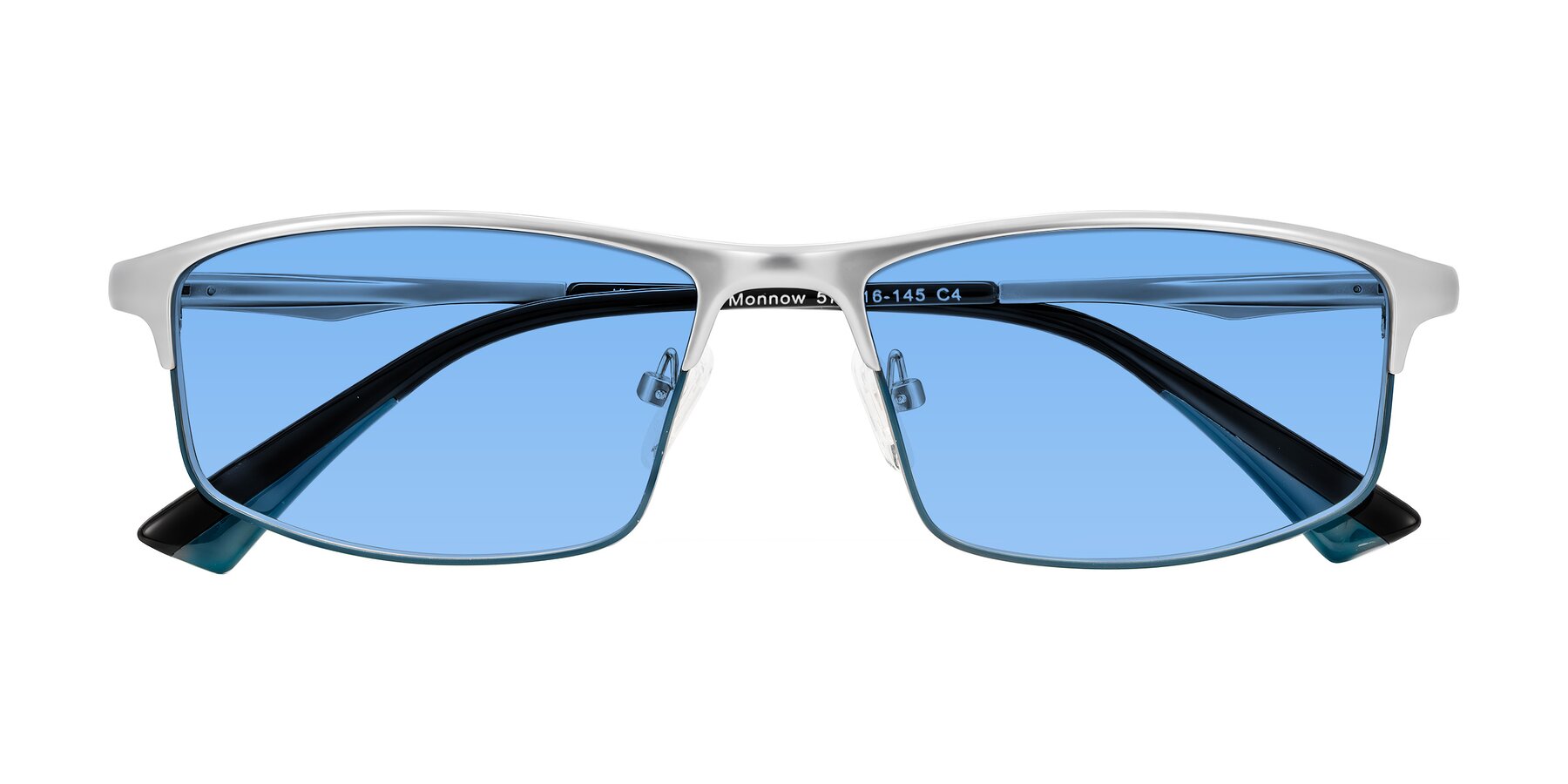 Folded Front of Monnow in Silver/Peacock Blue with Medium Blue Tinted Lenses