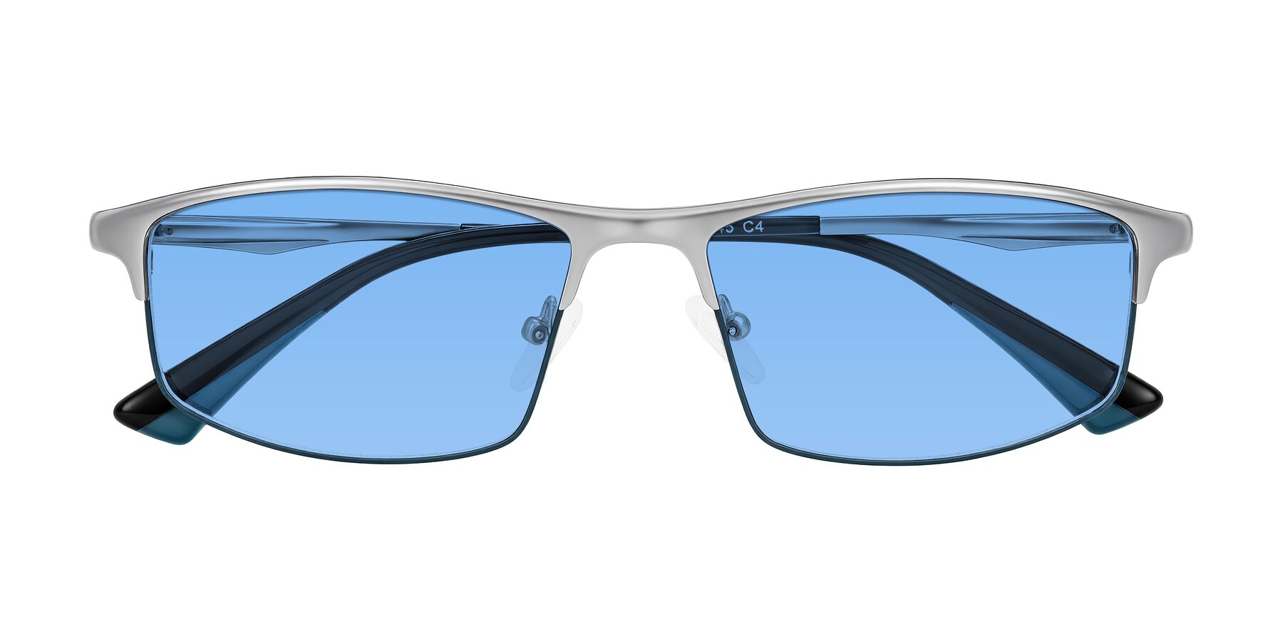 Folded Front of Monnow in Silver/Peacock Blue with Medium Blue Tinted Lenses