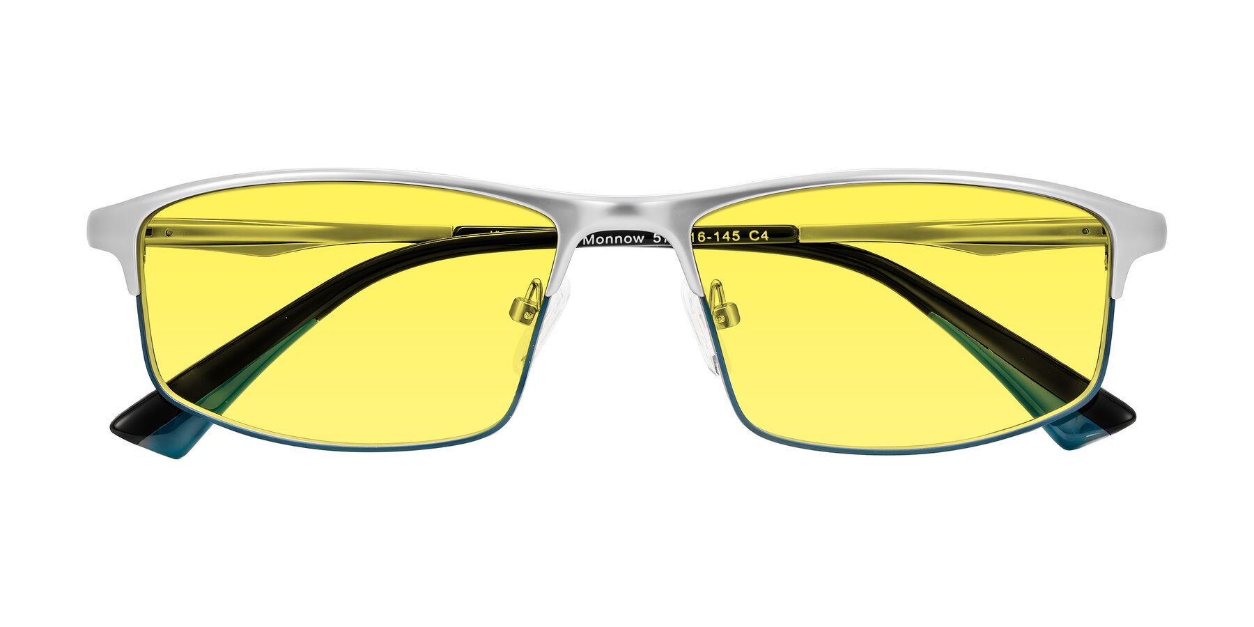 Folded Front of Monnow in Silver/Peacock Blue with Medium Yellow Tinted Lenses