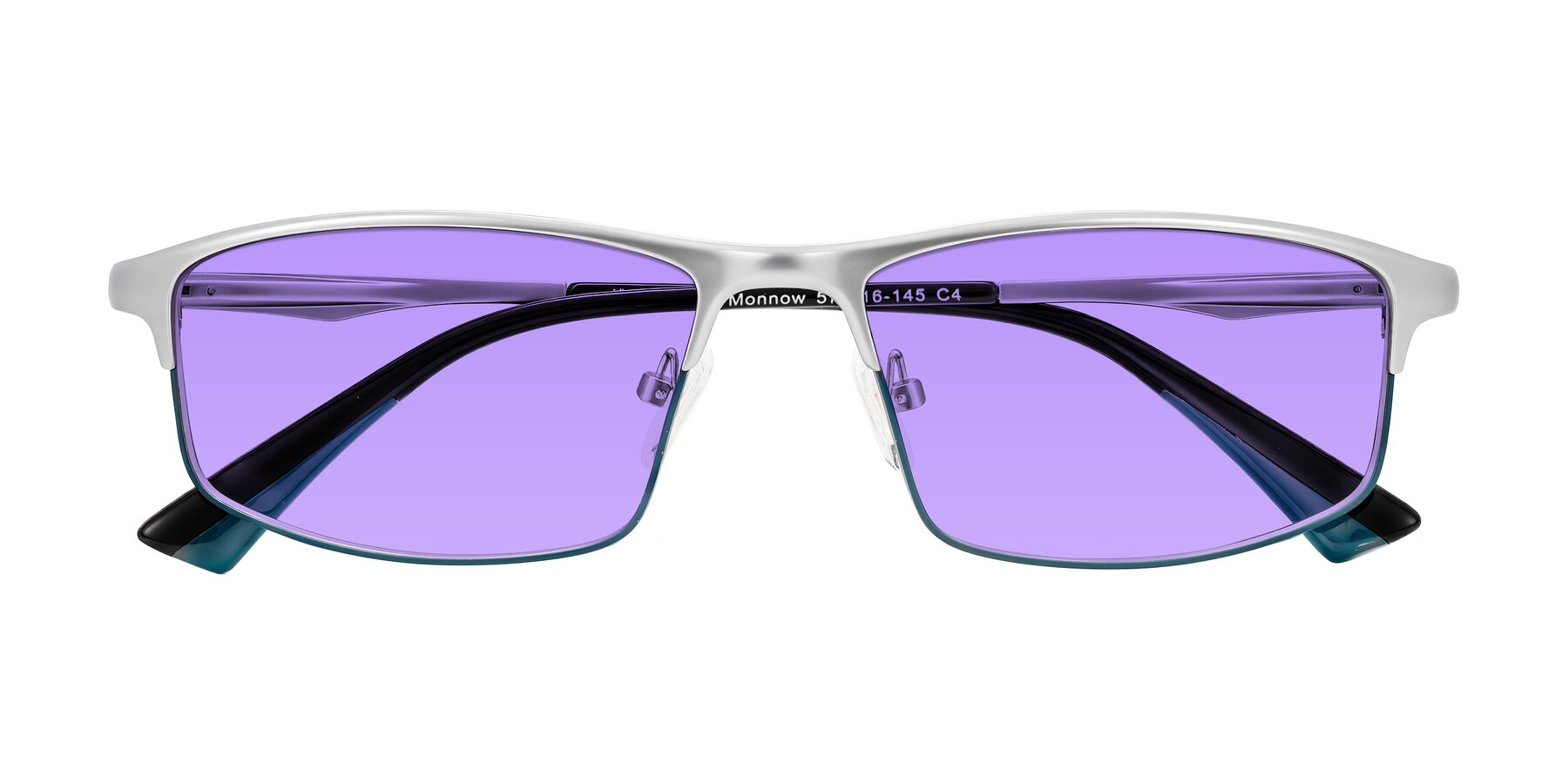 Folded Front of Monnow in Silver/Peacock Blue with Medium Purple Tinted Lenses