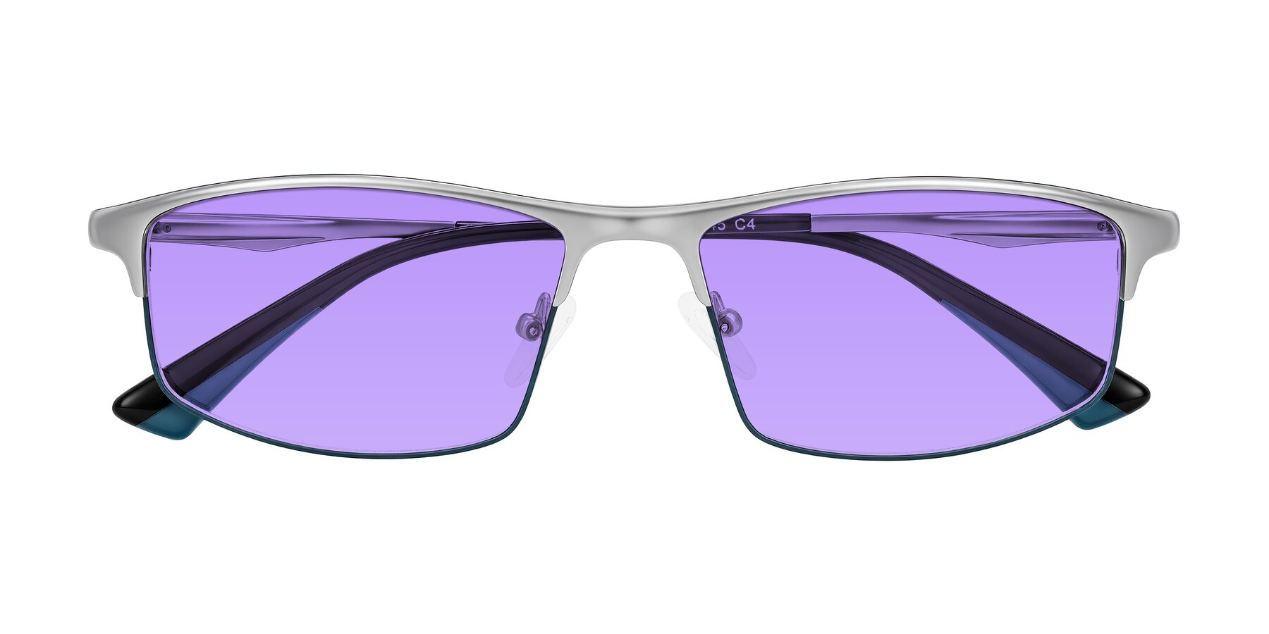 Folded Front of Monnow in Silver/Peacock Blue with Medium Purple Tinted Lenses