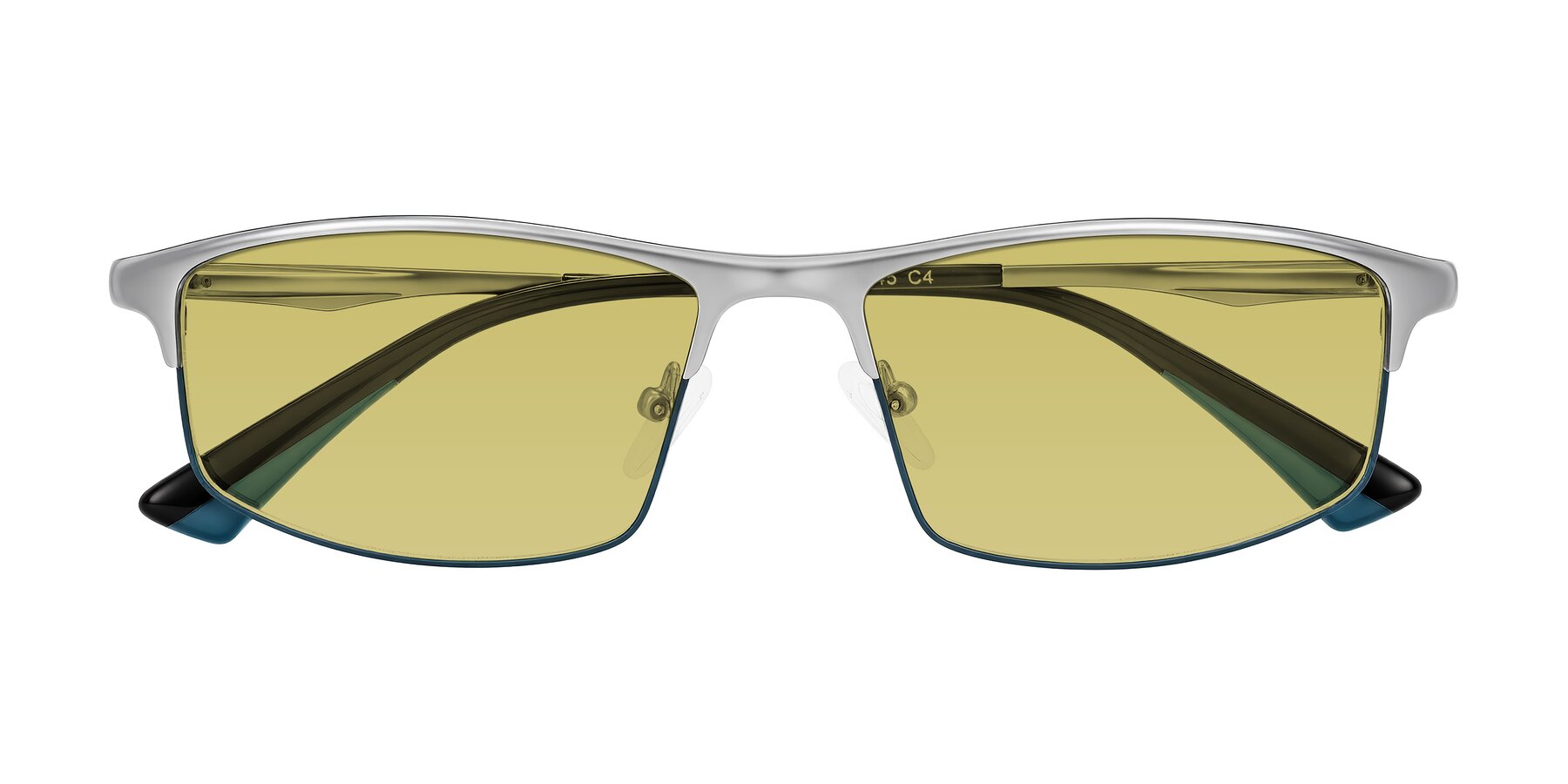 Folded Front of Monnow in Silver/Peacock Blue with Medium Champagne Tinted Lenses