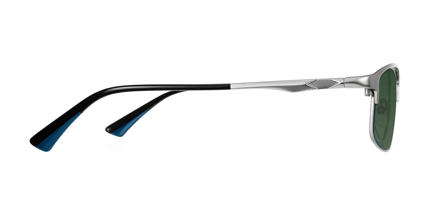 Side of Monnow in Silver/Peacock Blue with Green Tinted Lenses