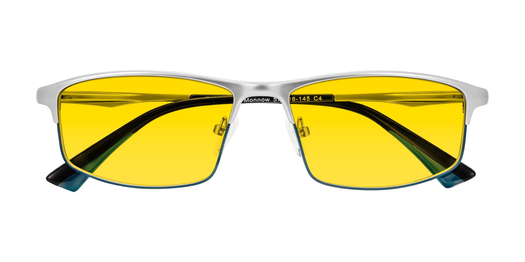 Folded Front of Monnow in Silver/Peacock Blue with Yellow Tinted Lenses