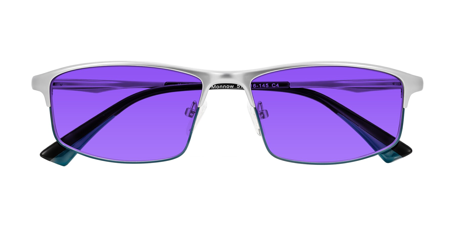 Folded Front of Monnow in Silver/Peacock Blue with Purple Tinted Lenses