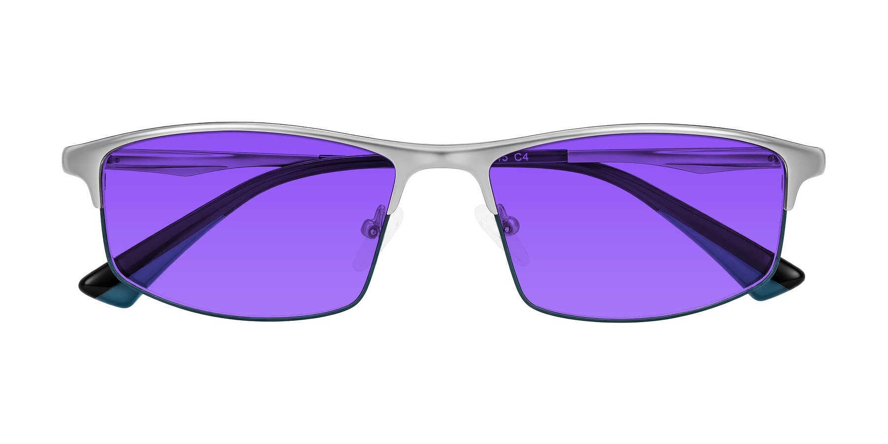 Folded Front of Monnow in Silver/Peacock Blue with Purple Tinted Lenses