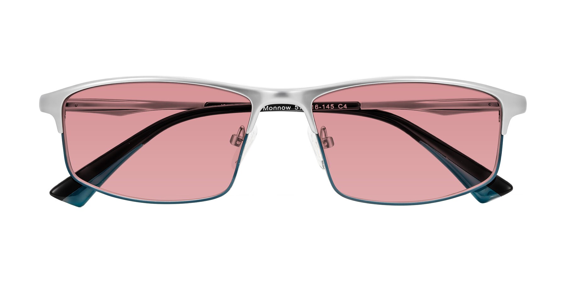 Folded Front of Monnow in Silver/Peacock Blue with Medium Garnet Tinted Lenses