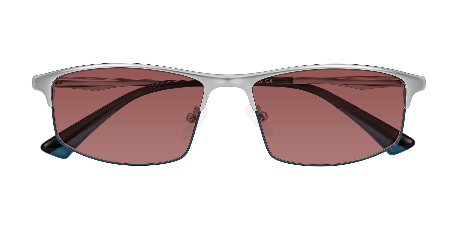 Folded Front of Monnow in Silver/Peacock Blue with Garnet Tinted Lenses