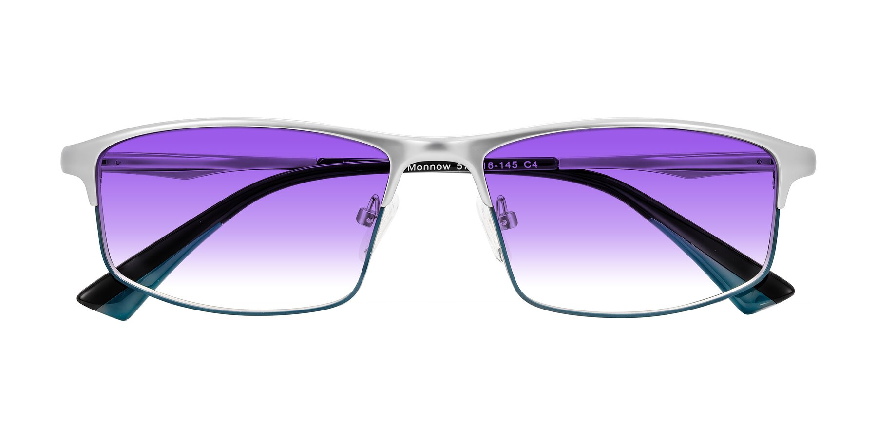 Folded Front of Monnow in Silver/Peacock Blue with Purple Gradient Lenses