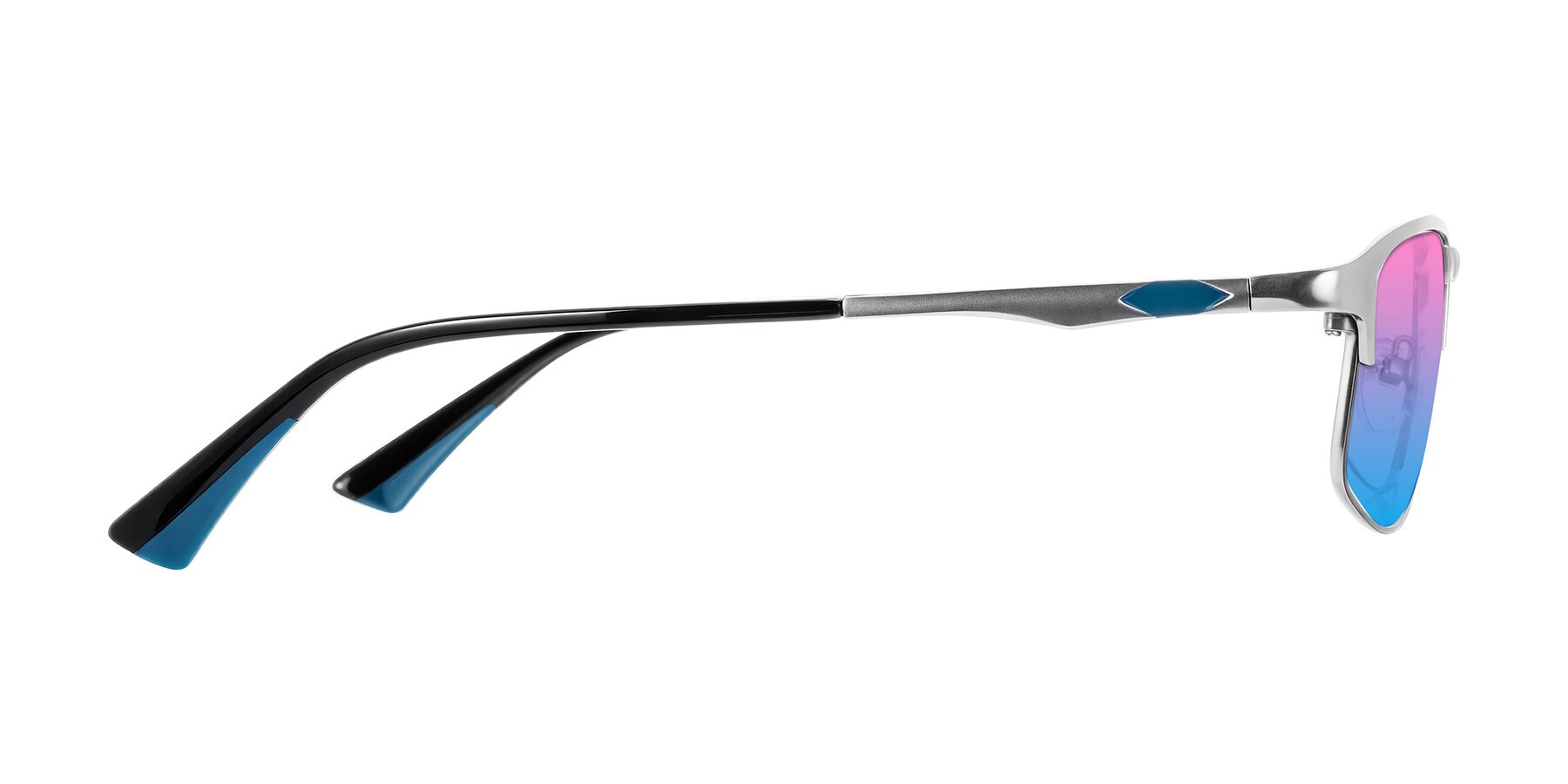 Side of Monnow in Silver/Peacock Blue with Pink / Blue Gradient Lenses
