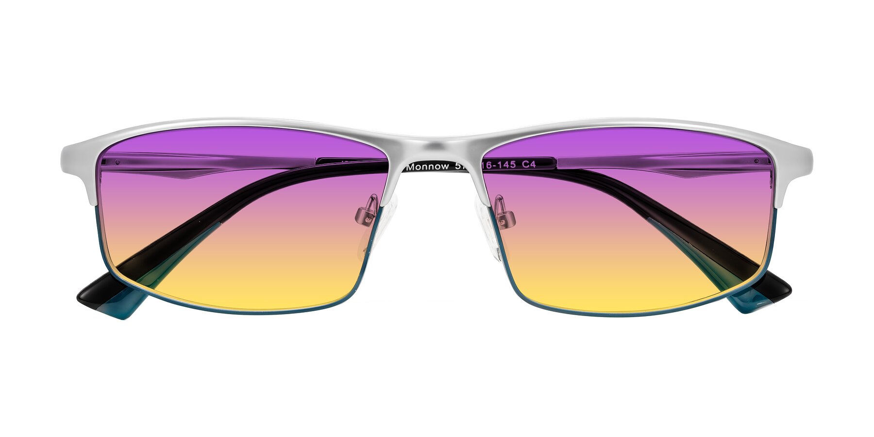 Folded Front of Monnow in Silver/Peacock Blue with Purple / Yellow Gradient Lenses