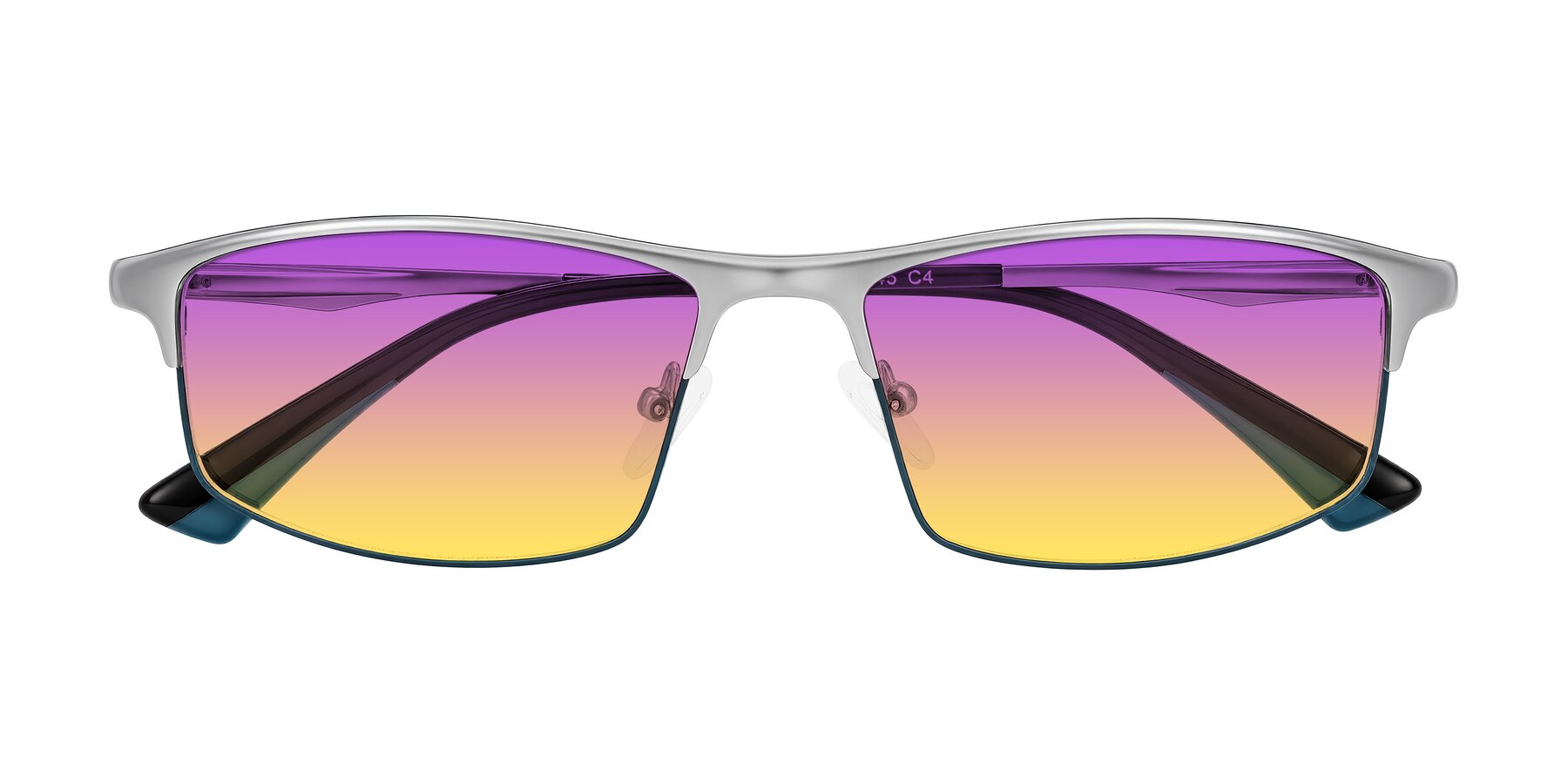 Folded Front of Monnow in Silver/Peacock Blue with Purple / Yellow Gradient Lenses