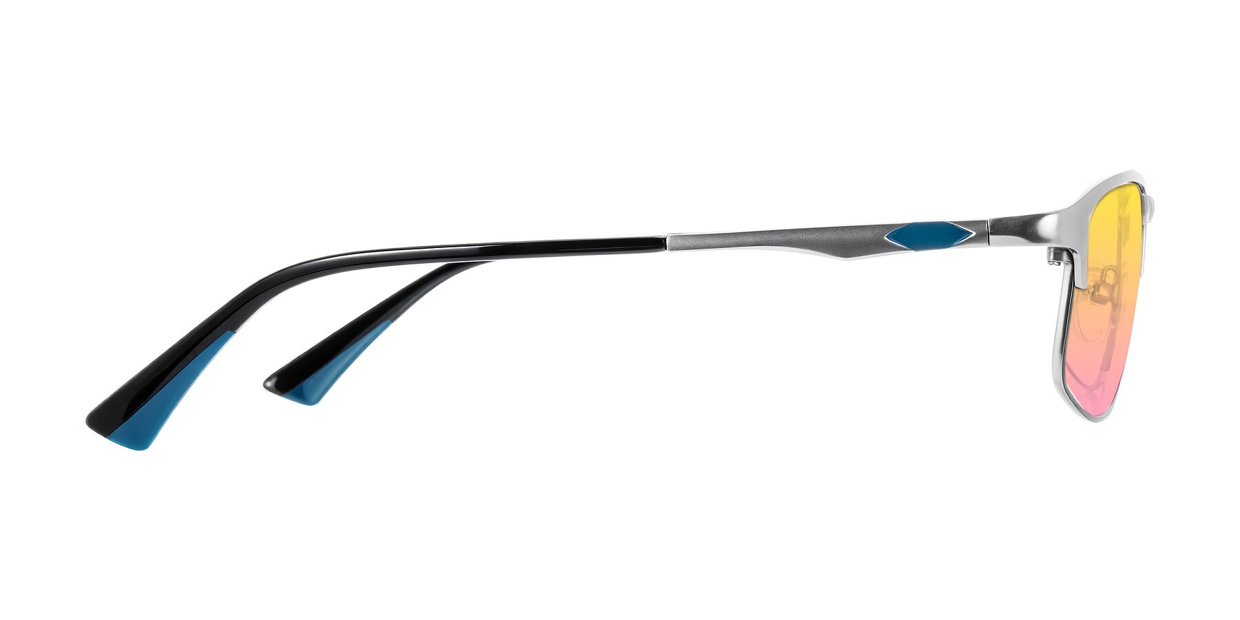Side of Monnow in Silver/Peacock Blue with Yellow / Pink Gradient Lenses