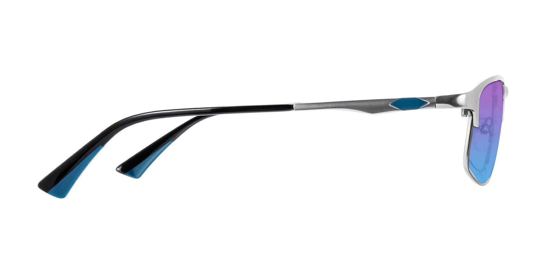 Side of Monnow in Silver/Peacock Blue with Purple / Blue Gradient Lenses