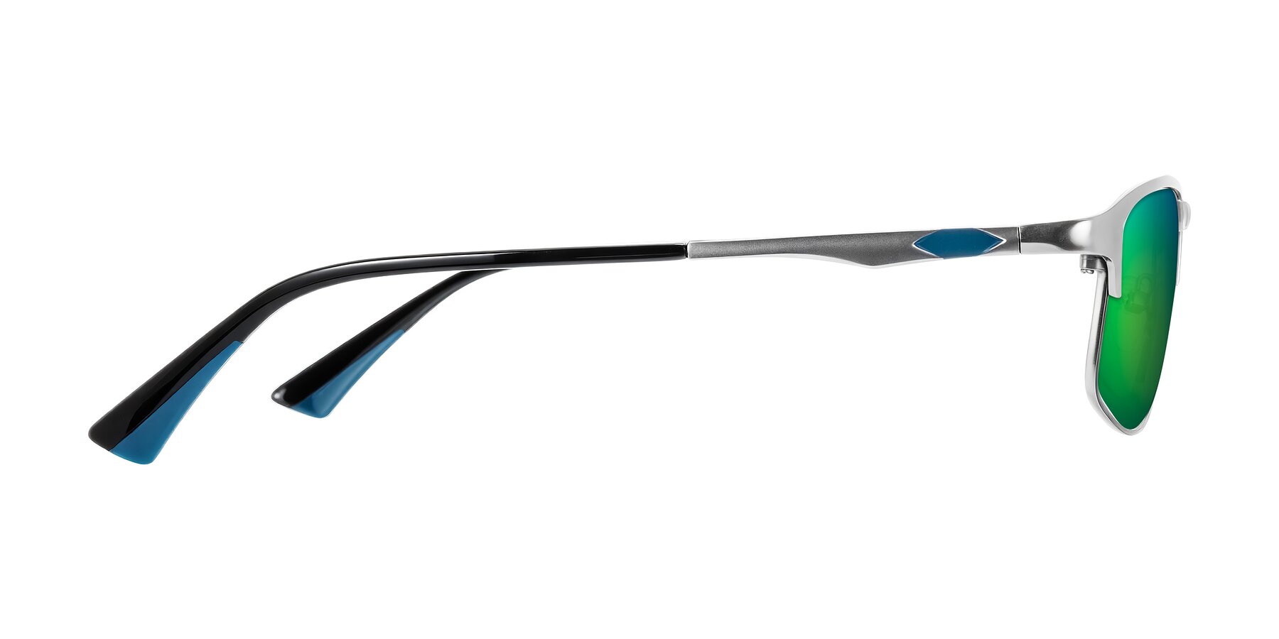 Side of Monnow in Silver/Peacock Blue with Green Mirrored Lenses