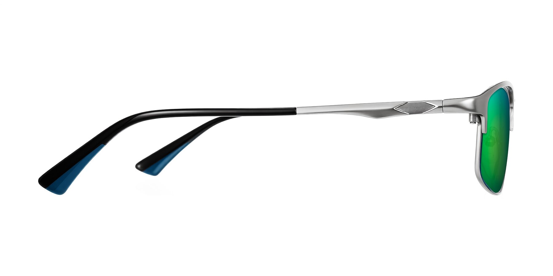 Side of Monnow in Silver/Peacock Blue with Green Mirrored Lenses