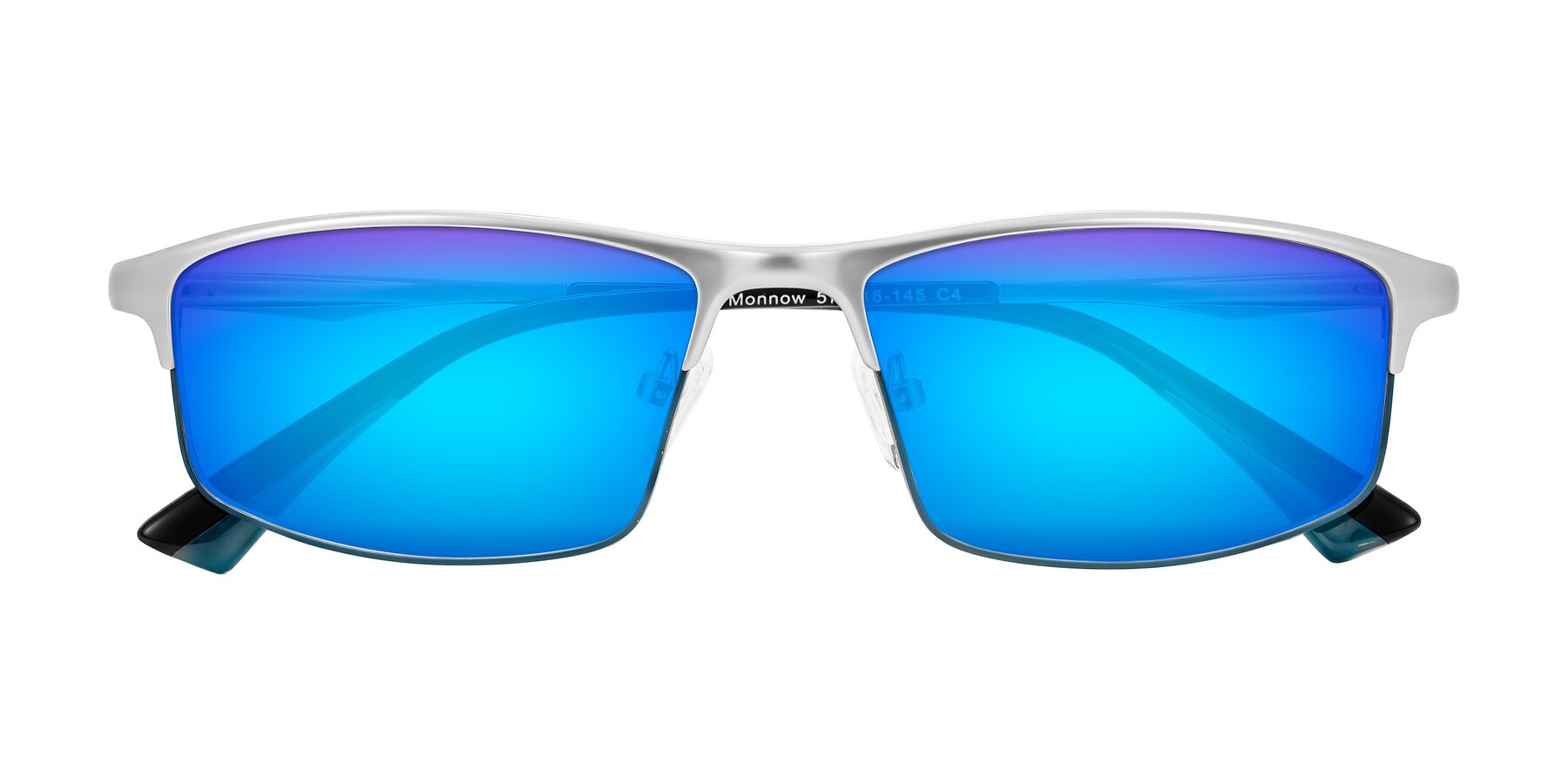 Folded Front of Monnow in Silver/Peacock Blue with Blue Mirrored Lenses
