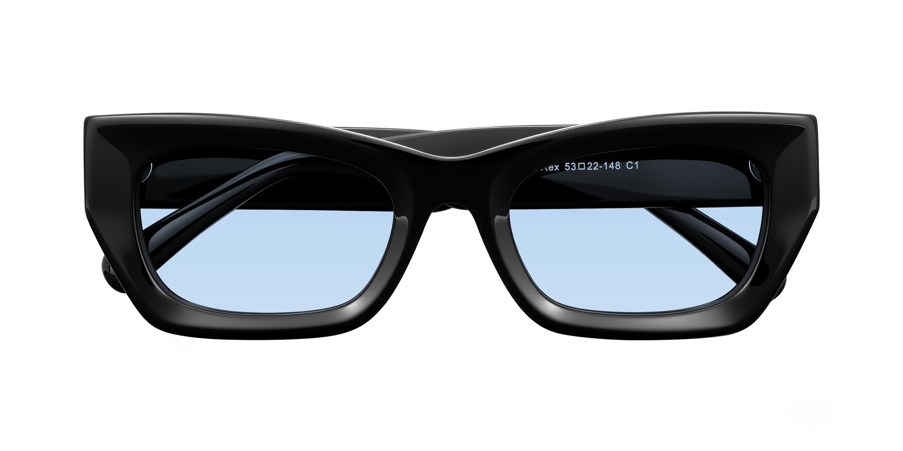 Folded Front of Rex in Black with Light Blue Tinted Lenses