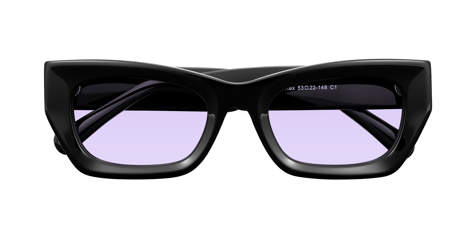 Folded Front of Rex in Black with Light Purple Tinted Lenses