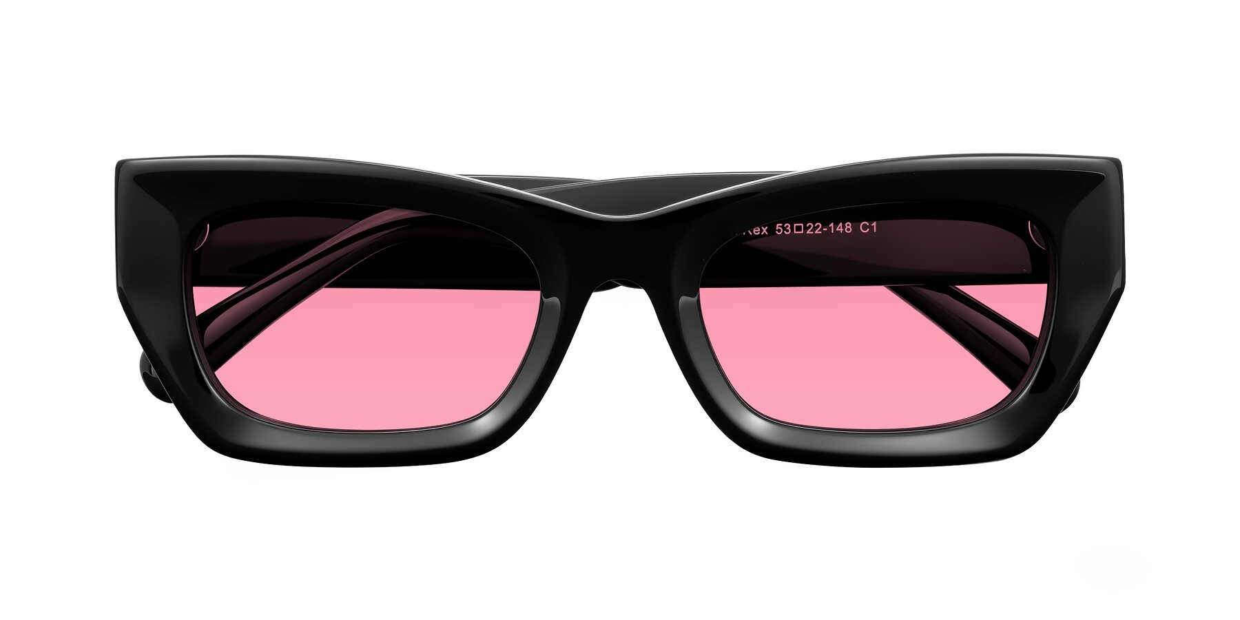 Folded Front of Rex in Black with Pink Tinted Lenses