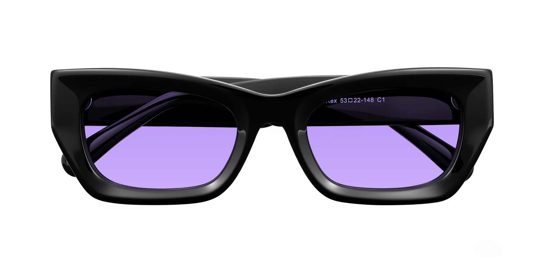 Folded Front of Rex in Black with Medium Purple Tinted Lenses