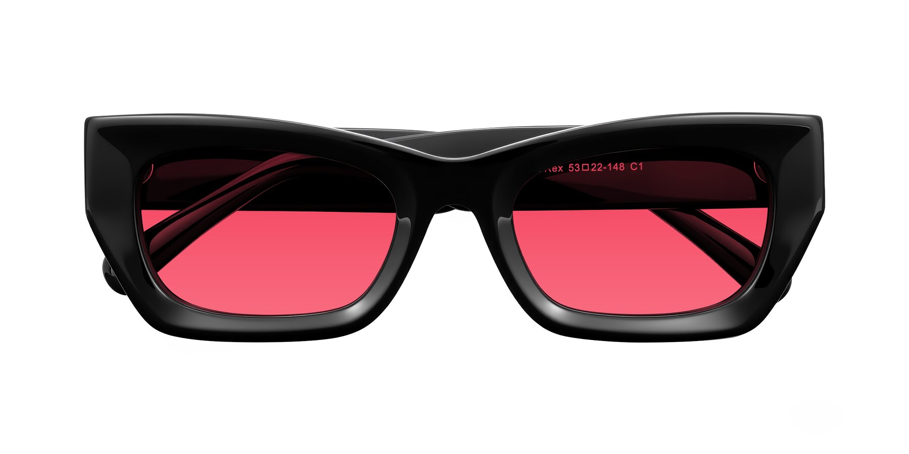 Folded Front of Rex in Black with Red Tinted Lenses