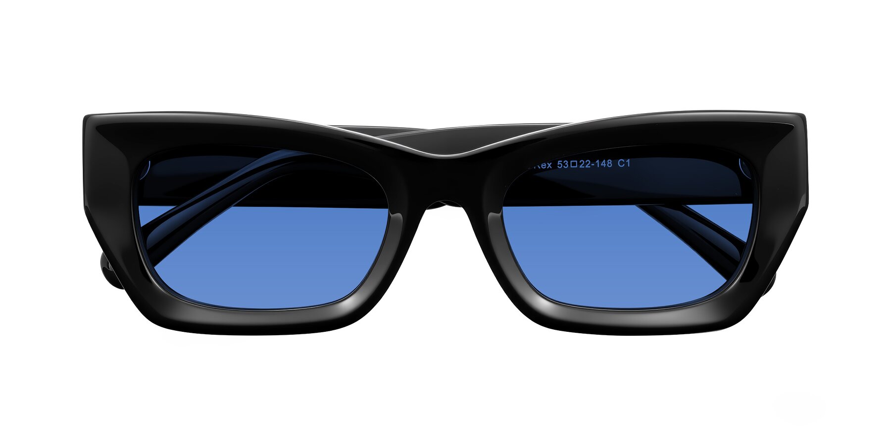 Folded Front of Rex in Black with Blue Tinted Lenses