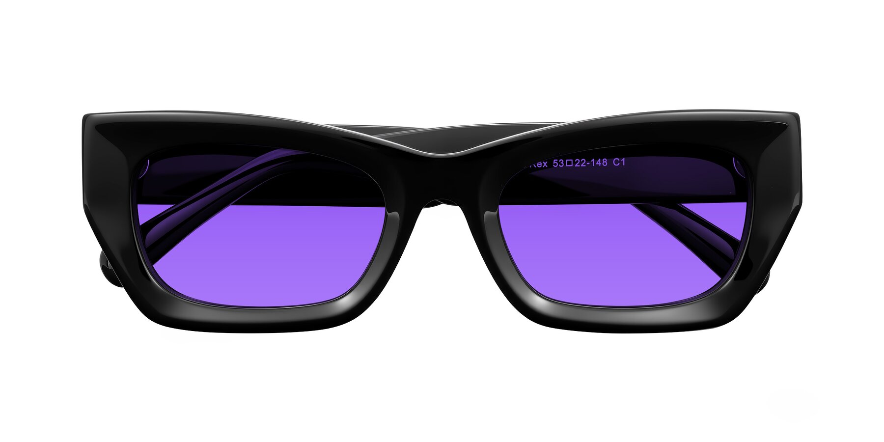 Folded Front of Rex in Black with Purple Tinted Lenses