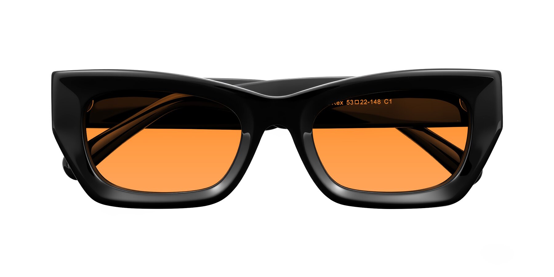 Folded Front of Rex in Black with Orange Tinted Lenses
