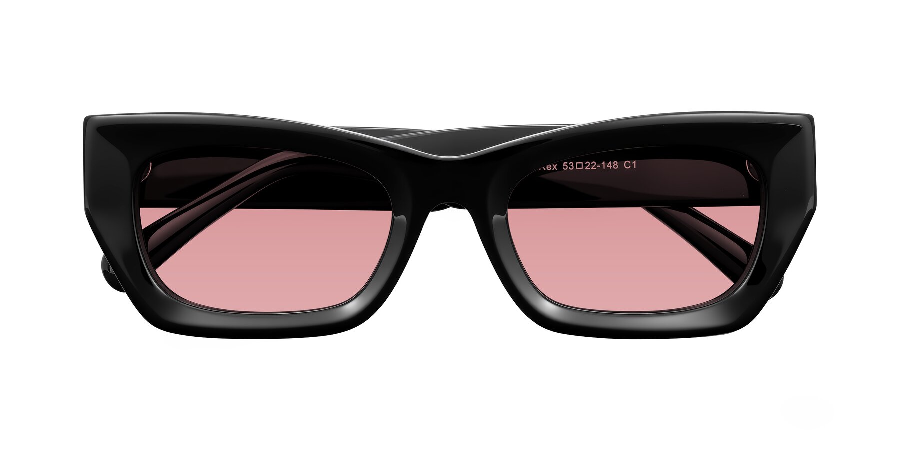 Folded Front of Rex in Black with Medium Garnet Tinted Lenses