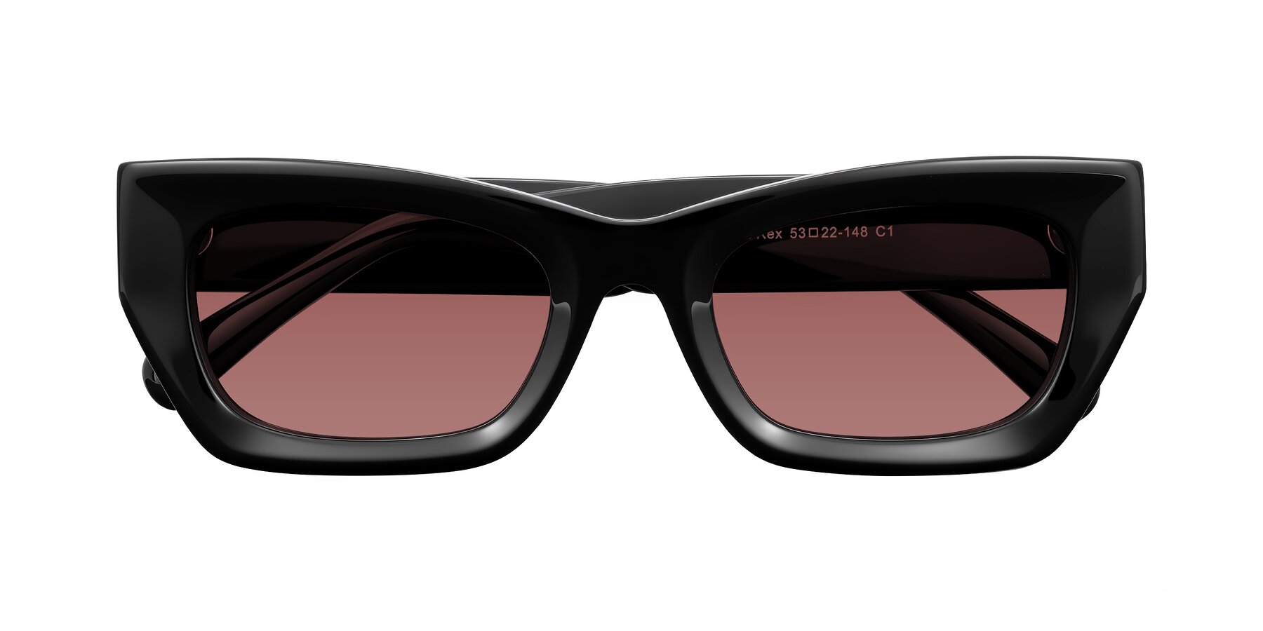 Folded Front of Rex in Black with Garnet Tinted Lenses