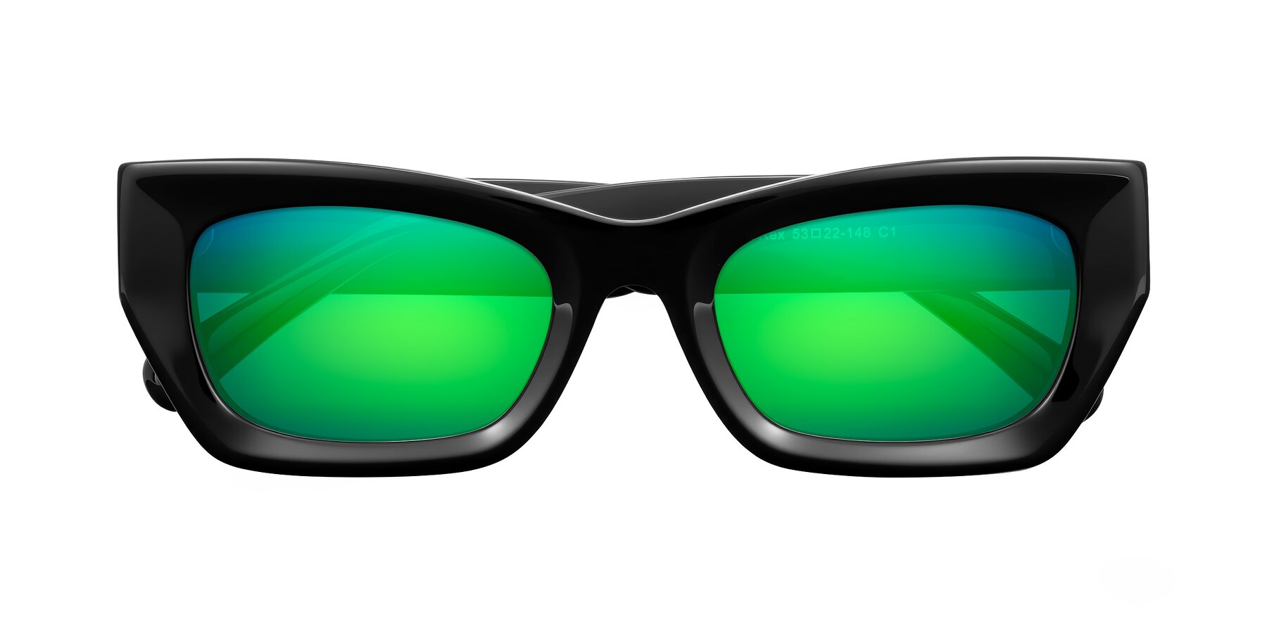 Folded Front of Rex in Black with Green Mirrored Lenses
