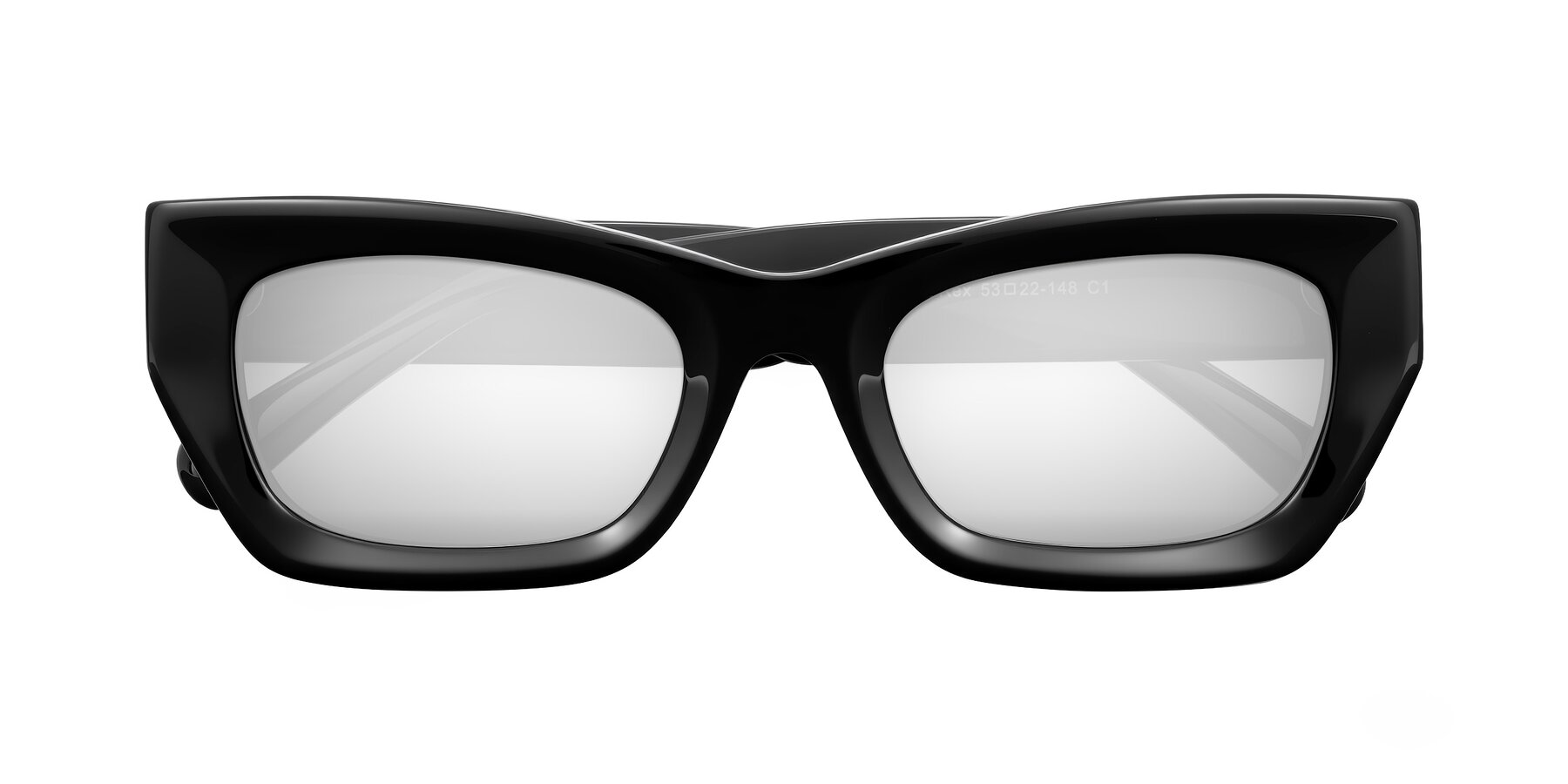 Folded Front of Rex in Black with Silver Mirrored Lenses