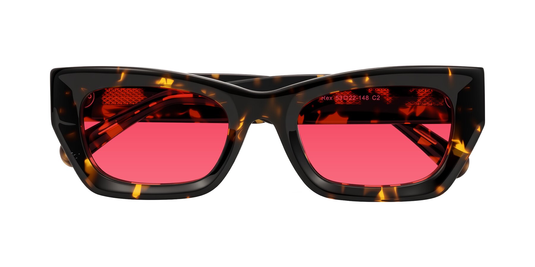 Folded Front of Rex in Tortoise with Red Tinted Lenses