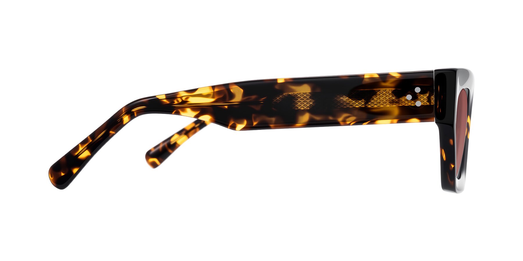 Side of Rex in Tortoise with Garnet Tinted Lenses