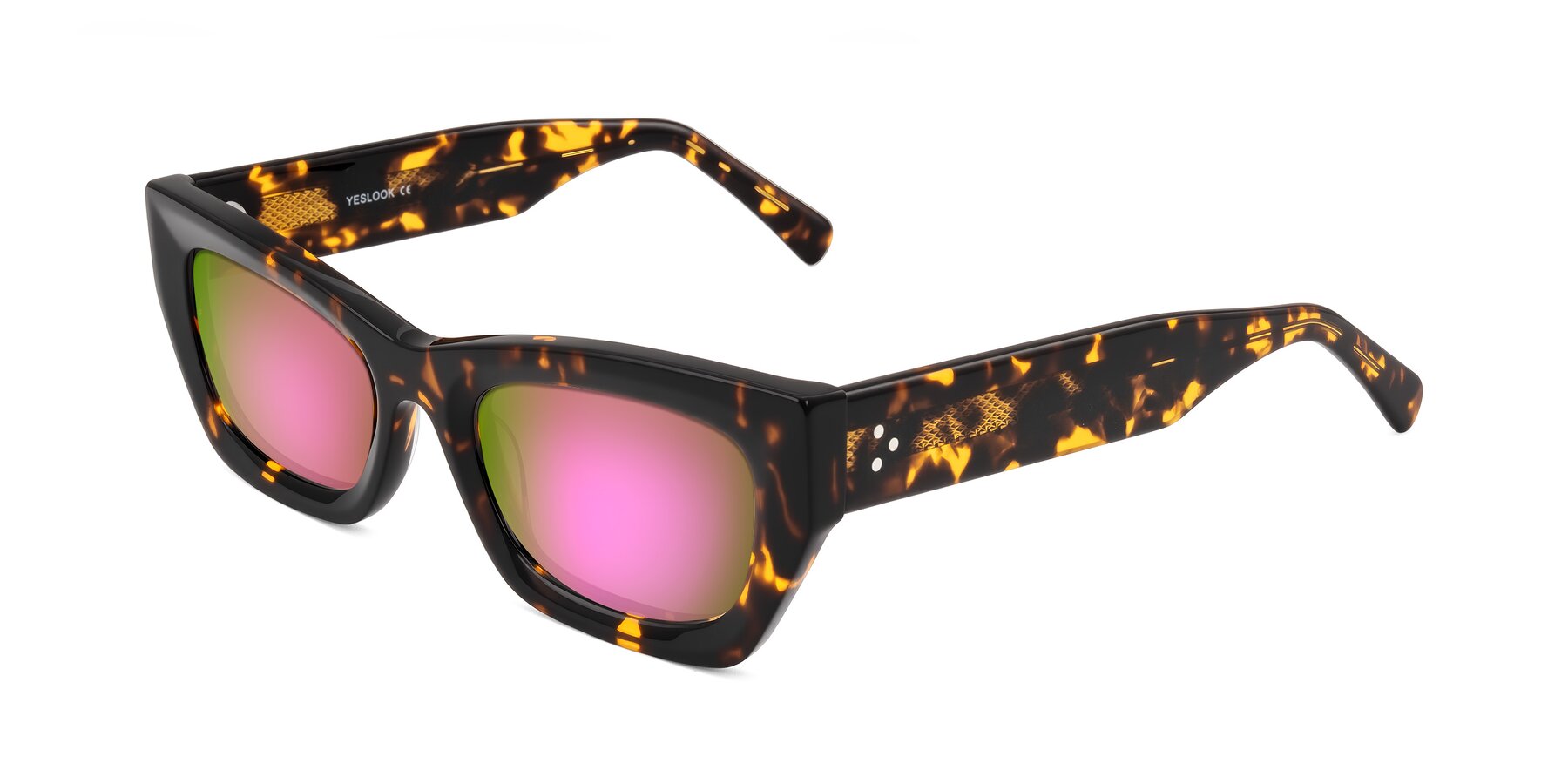 Angle of Rex in Tortoise with Pink Mirrored Lenses