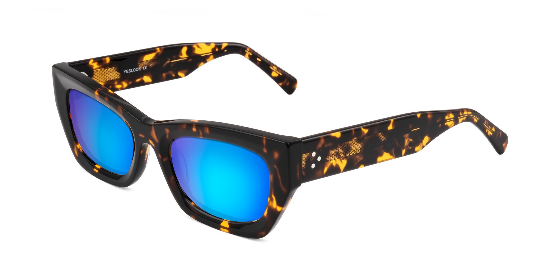 Angle of Rex in Tortoise with Blue Mirrored Lenses