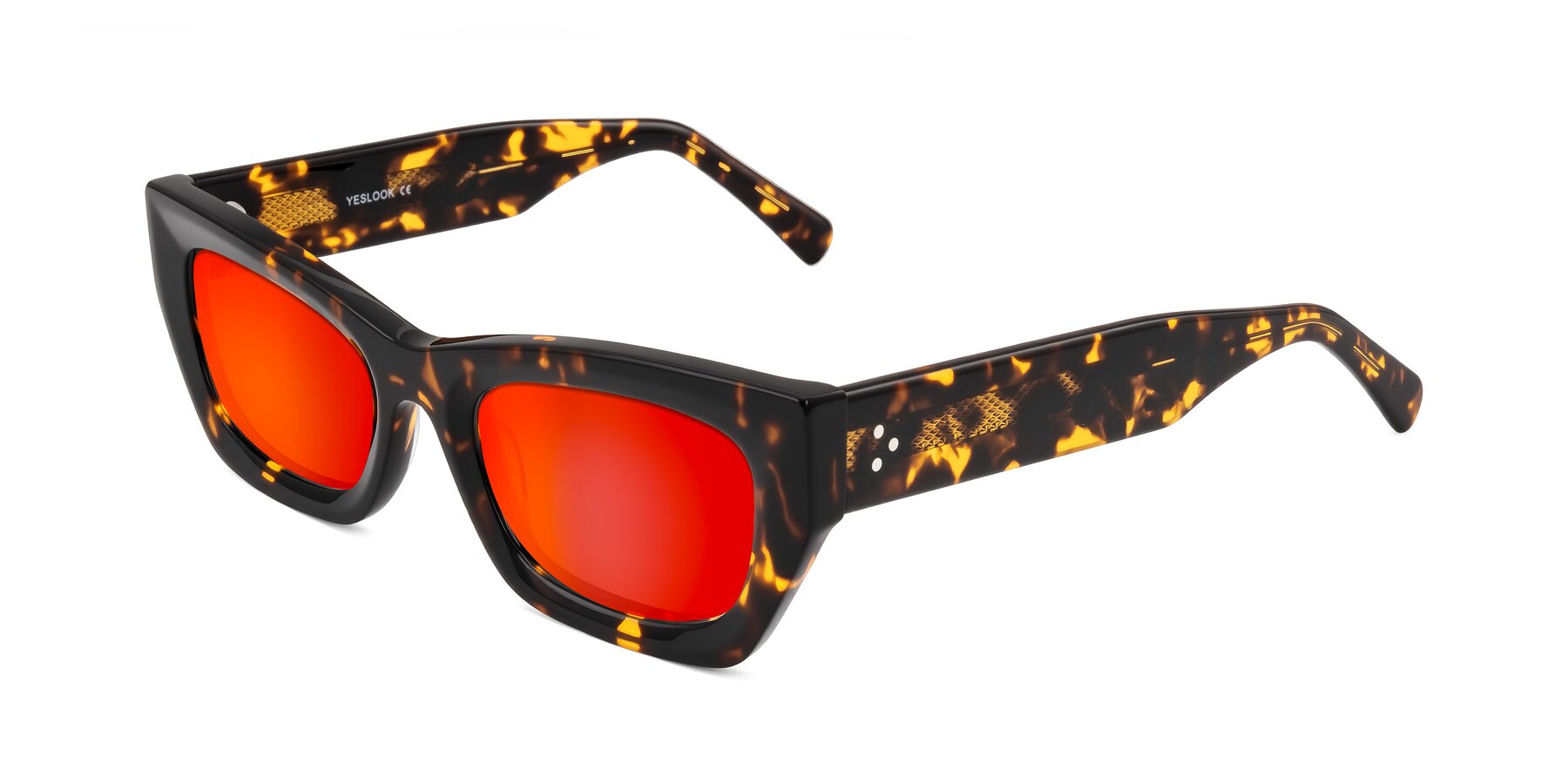 Angle of Rex in Tortoise with Red Gold Mirrored Lenses