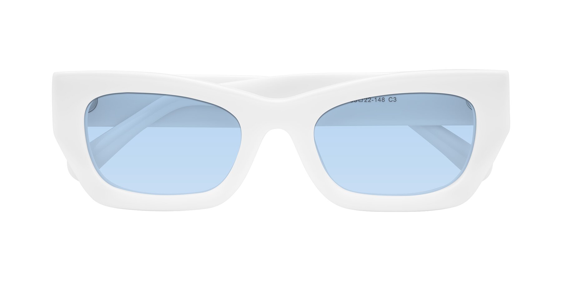 Folded Front of Rex in White with Light Blue Tinted Lenses