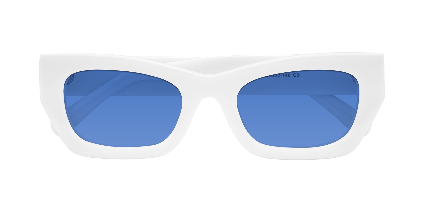 Folded Front of Rex in White with Blue Tinted Lenses