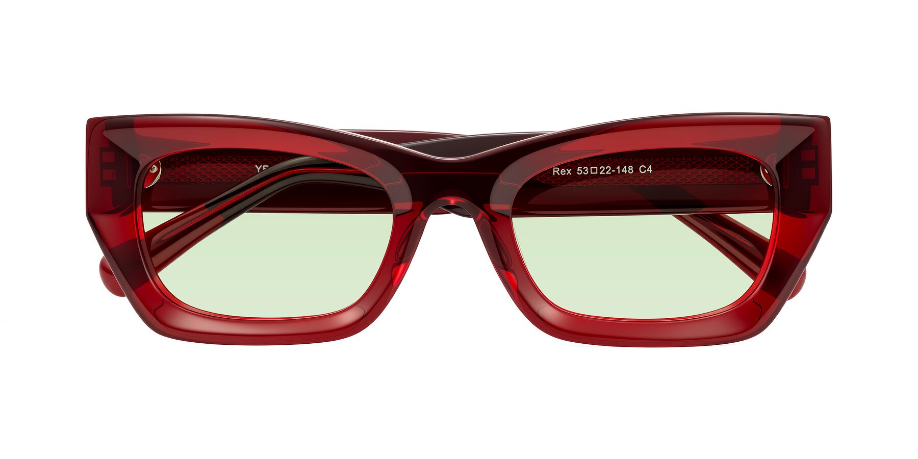 Folded Front of Rex in Wine with Light Green Tinted Lenses